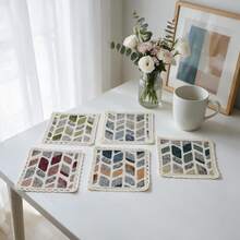 Cirelle 1pc Geometric Leaf Fabric Drink Coaster With Crochet Lace Trim, Boho Square Woven Mug Rug For Coffee Table Decor, Ins Style Absorbent Cup Mat - Multicolor - View 4