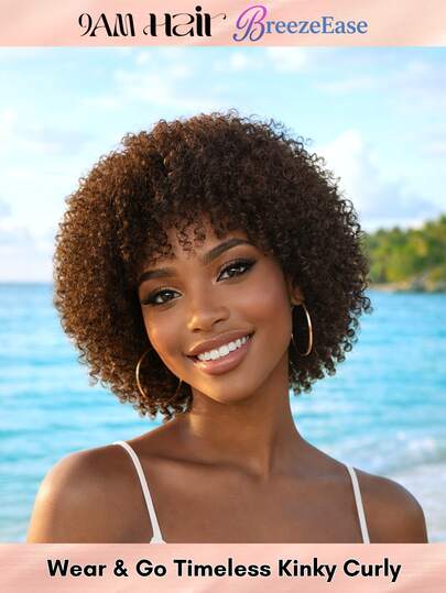 BreezeEase Wig Rambut Manusia Keriting Cokelat Tua Tanpa Lem dengan Poni untuk Wanita, Wig Rambut Manusia Potongan Pixie Keriting Cokelat Cokelat, Wig Rambut Manusia Jerry Curl Tanpa Renda, Mudah Dipakai dan Dilepas, Ramah untuk Pemula, Gaya Rambut 9AM, Cosplay, Prom, Y2K, SS26