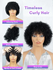 BreezeEase Kinky Curly 人髮假髮帶瀏海，自然黑色，適合女性，捲浪皮克西短髮假髮，Jerry Curl 人髮無蕾絲假髮，免膠水穿戴即走，初學者友善，9AM Hair Cosplay 舞會 Y2K Ss26 - Natural Black - 查看 5