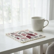 Cirelle 1pc Geometric Leaf Fabric Drink Coaster With Crochet Lace Trim, Boho Square Woven Mug Rug For Coffee Table Decor, Ins Style Absorbent Cup Mat - Multicolor - View 7