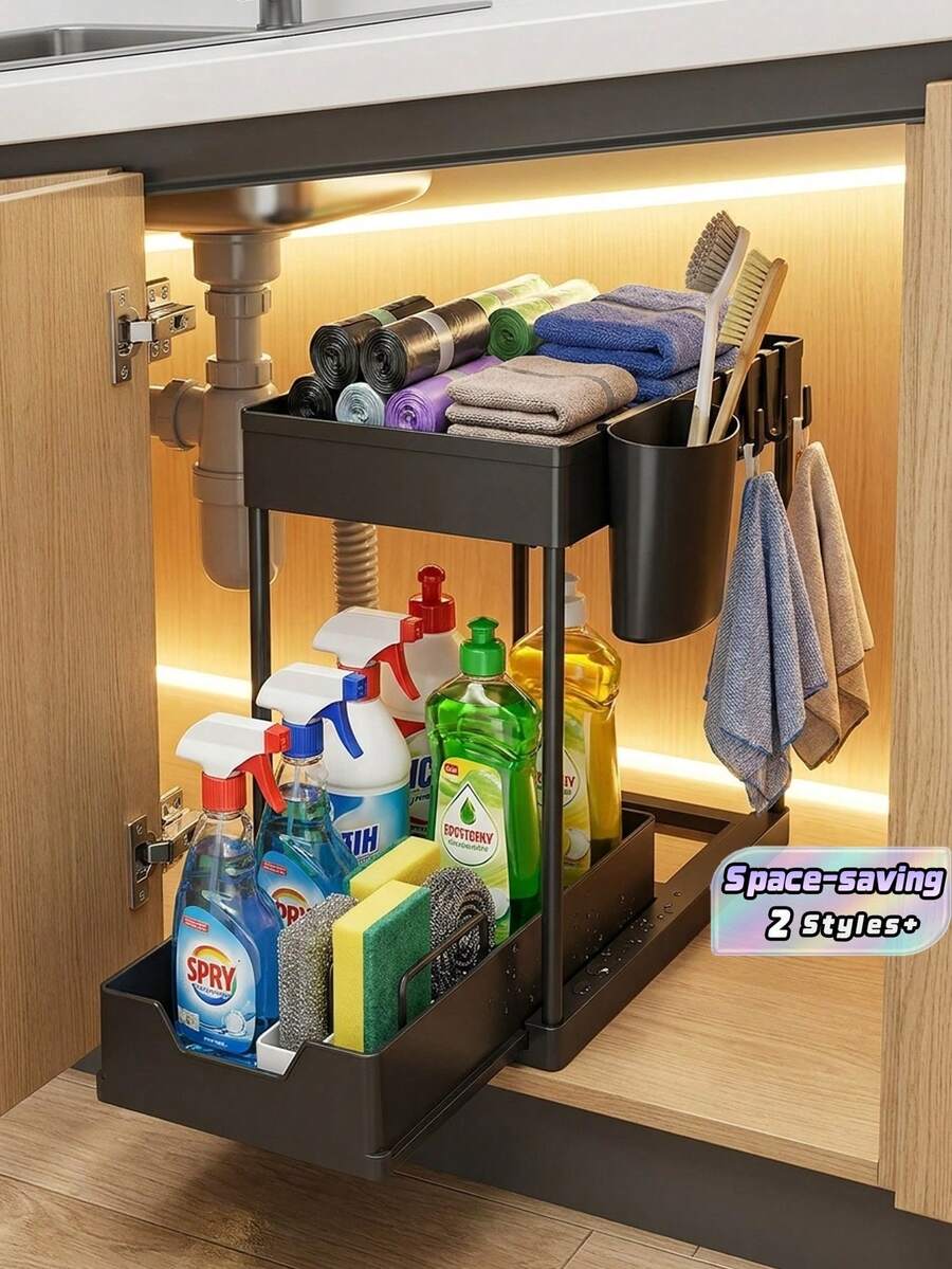 Two-Tier Under Sink Storage Rack, Kitchen Cabinet Storage Shelf, Two-Tier Sliding Basket, Multi-Functional Bathroom Storage Basket, Organization Shelf, Kitchen Birthday Gift, Kitchen Basics, Bathroom Accessories, Kitchen Storage - A - View 1