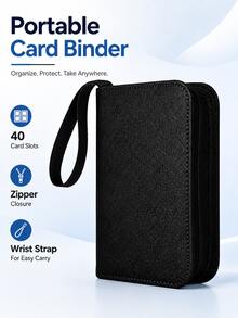 MINKOJA 1pc Black 40-Slot Zip-Around Trading Card Binder With Wrist Strap, Compact Water-Resistant Textured PU Collectible Card Album For Game Cards, Sports Cards, Photo Cards & Mini Cards - Multicolor - View 7