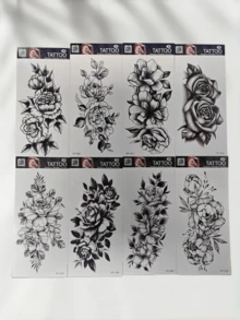 8片装防水耐用逼真临时纹身贴纸，黑色玫瑰花卉图案，适合女性日常妆容、节日派对、手臂素描风格，流行款 - 黑色 - 查看 12