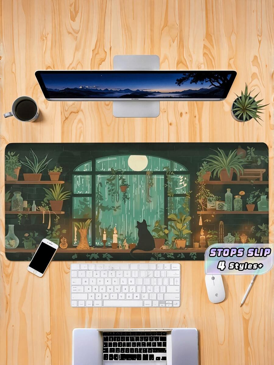 Black Cat Moon Garden Plant Desk Mat 30x80cm, Non-Slip Rubber Mouse Pad With Smooth Durable Surface, Quiet Art Design For Office Gaming Remote Work, Cat Plant Lover Gift Home Office Decor - summer - View 1