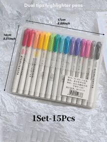 15色雙頭書寫筆、螢光筆與書寫刷套組，甜美溫柔的創意學校禮物 - 彩色 - 查看 10
