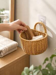 Cirelle 1 Waterproof Rattan-Weave Storage Basket – Wall-Mounted Garlic & Onion Holder For Kitchen, Bathroom Organizer, Decorative Hanging Shelf, Modern Home Organization Accessory - Beige - View 5