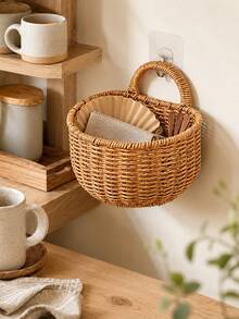 Cirelle 1 Waterproof Rattan-Weave Storage Basket – Wall-Mounted Garlic & Onion Holder For Kitchen, Bathroom Organizer, Decorative Hanging Shelf, Modern Home Organization Accessory - Beige - View 2