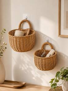 Cirelle 1 Waterproof Rattan-Weave Storage Basket – Wall-Mounted Garlic & Onion Holder For Kitchen, Bathroom Organizer, Decorative Hanging Shelf, Modern Home Organization Accessory - Beige - View 1