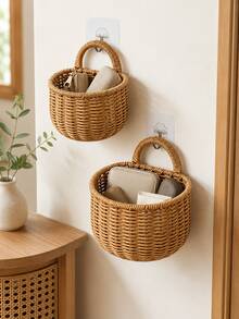 Cirelle 1 Waterproof Rattan-Weave Storage Basket – Wall-Mounted Garlic & Onion Holder For Kitchen, Bathroom Organizer, Decorative Hanging Shelf, Modern Home Organization Accessory - Beige - View 7