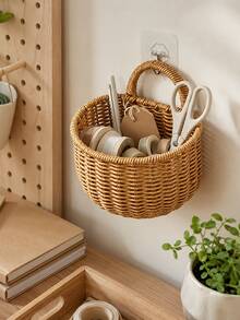 Cirelle 1 Waterproof Rattan-Weave Storage Basket – Wall-Mounted Garlic & Onion Holder For Kitchen, Bathroom Organizer, Decorative Hanging Shelf, Modern Home Organization Accessory - Beige - View 6