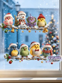 Christmas Bird Window Sticker Cartoon Colorful Bird Snowman Electrostatic Glass Sticker Christmas Scene Decoration - multicolor - View 1