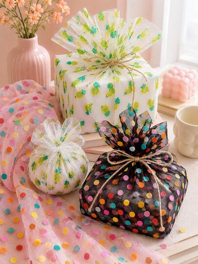 Zazumi 1x1.5M Per Piece Colorful Polka Dot & Pineapple Print Sheer Tulle Mesh Fabric, Lightweight Gauze Net For Gift Box & Flower Bouquet Wrapping, DIY Bows, Tutu Skirt Making, Christmas Birthday Party Decoration, 3 Styles Available For Handcraft Projects