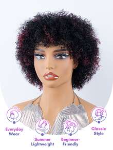 BreezeEase Wine Red Mixed Natural Black Kinky Curly Human Hair Wigs Glueless Install With Bangs For Women, Highlights Curly Wave Pixie Cut Wig Human Hair, Jerry Curl None Lace Wigs Human Hair Wear & Go For Beginner Friendly 9AM Hair Halloween Cosplay Y2K Ss26 - S1B/99JC - View 2