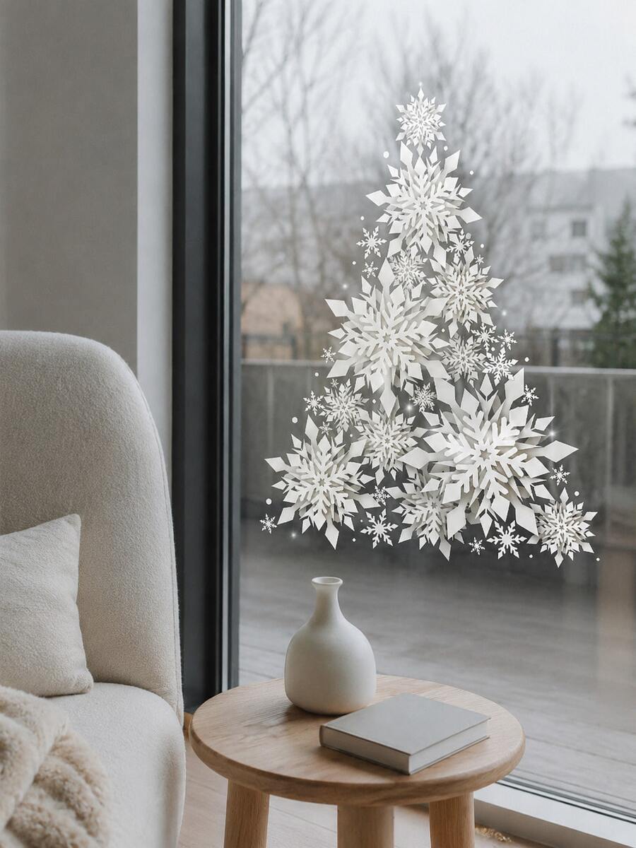 Haus Hana Crystal Snowflake Christmas Tree Glass Window Sticker, Made Of PVC, Suitable For Holiday And Winter Decoration Without The Need For Power Supply. Electrostatic Christmas Tree Glass Window Sticker Is A Must-Have For Christmas Decoration. - Multicolor - View 1