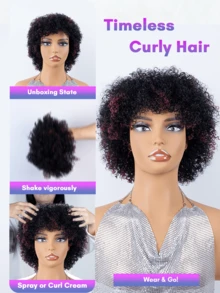 BreezeEase Wine Red Mixed Natural Black Kinky Curly Human Hair Wigs Glueless Install With Bangs For Women, Highlights Curly Wave Pixie Cut Wig Human Hair, Jerry Curl None Lace Wigs Human Hair Wear & Go For Beginner Friendly 9AM Hair Halloween Cosplay Y2K Ss26 - S1B/99JC - View 4