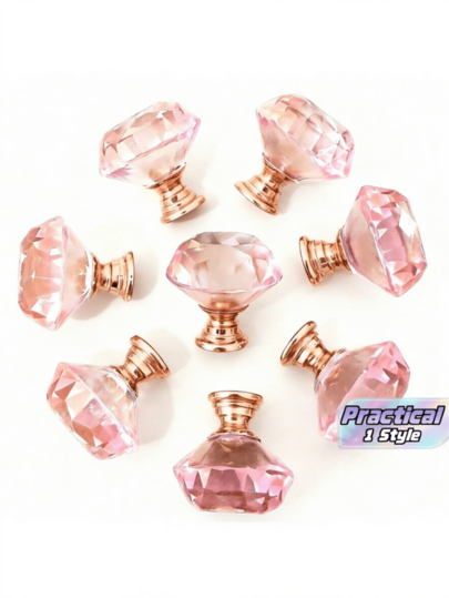 8pcs Pink Quartz Color Cabinet Knobs, Brushed Brass Dresser Knobs, Dresser Hardware Suitable For Wardrobe, Closet And Cabinet Round Vintage Drawer Pulls
