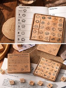 25 Pieces Wooden Rubber Stamp Kit Made Of Premium Beech Wood, Assorted Cute Patterns Covering Facial Expressions, Weather Icons, Versatile Decorative Stamps For Handmade Journal & Planner Making - multicolor - View 7