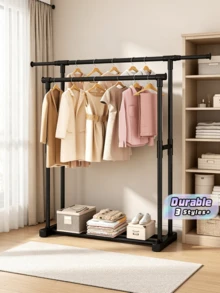 1 cái giá phơi quần áo di động đứng độc lập đặt sàn, giá treo quần áo trong nhà, kệ sắp xếp đồ giặt tiết kiệm không gian, giá phơi kim loại nhẹ cho căn hộ, ban công, phòng ngủ, ký túc xá, tháp phơi quần áo hàng ngày, đồ dùng thiết yếu cho căn hộ, có thể tháo rời - Thanh đôi màu đen - Xem 1