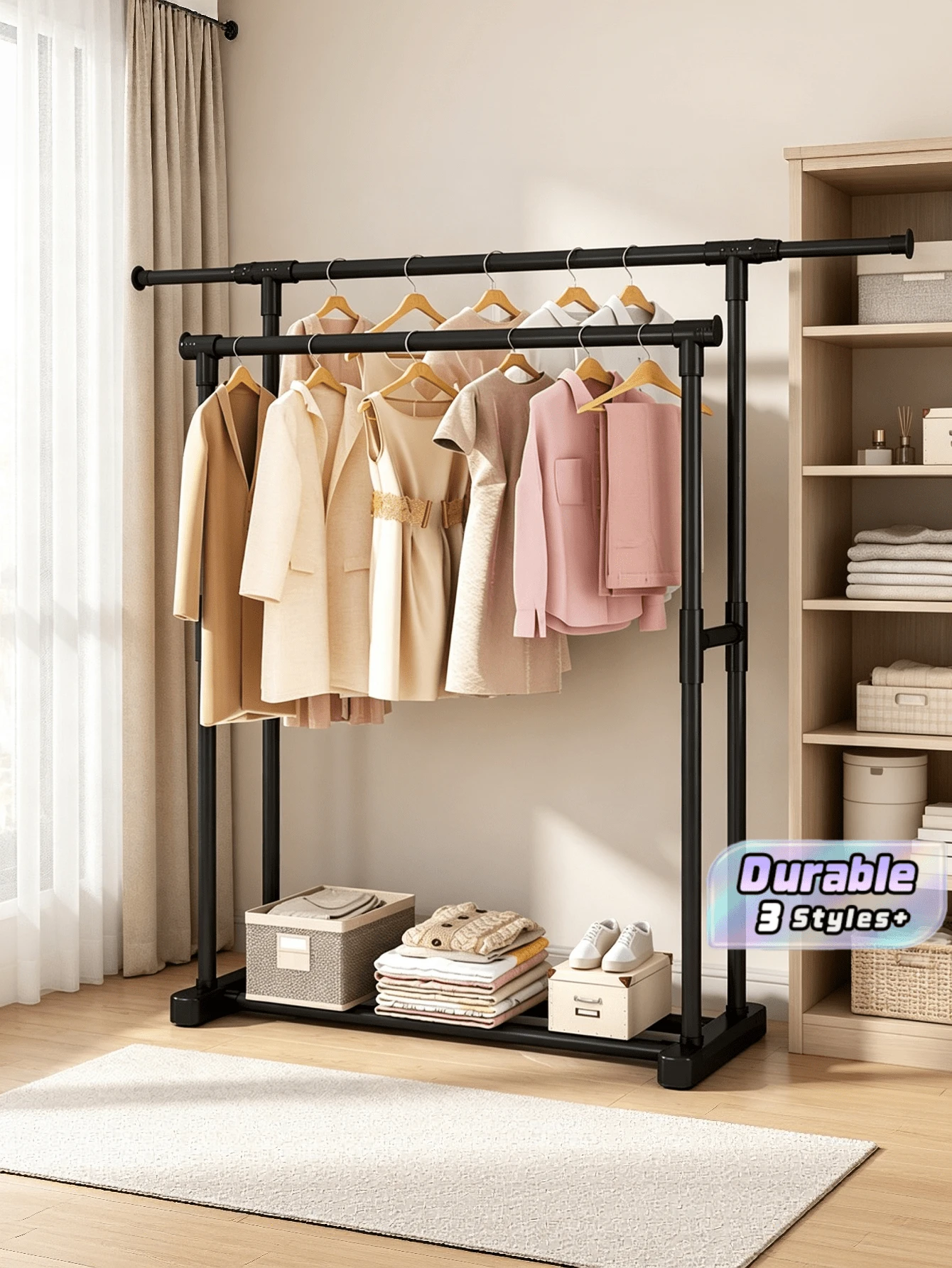 1 cái giá phơi quần áo di động đứng độc lập đặt sàn, giá treo quần áo trong nhà, kệ sắp xếp đồ giặt tiết kiệm không gian, giá phơi kim loại nhẹ cho căn hộ, ban công, phòng ngủ, ký túc xá, tháp phơi quần áo hàng ngày, đồ dùng thiết yếu cho căn hộ, có thể tháo rời - Thanh đôi màu đen - Xem 1
