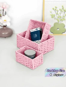 1/3PCS Retro Handmade Woven Sundries Storage Basket Natural Rattan Entryway Desktop Organizer Multi Purpose Snack Cosmetics Storage Box Household Organization Rustic Home Decor Gift Idea - Baby Pink - View 1