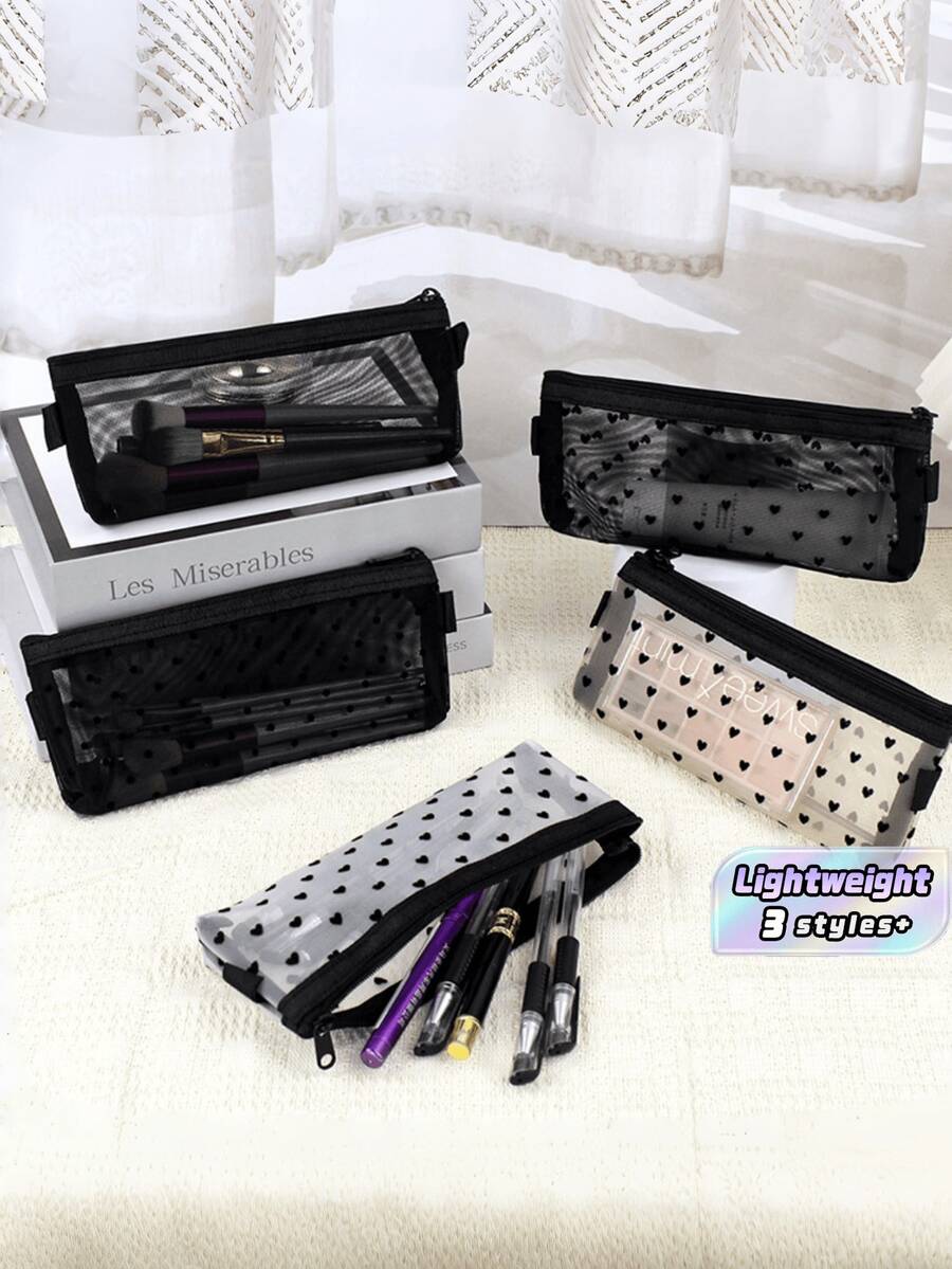 1pc Korean Japanese Style Transparent Mesh Pencil Case Large Capacity Makeup Bag Lipstick Pouch Stationery Organizer For School Office Travel - various - View 1