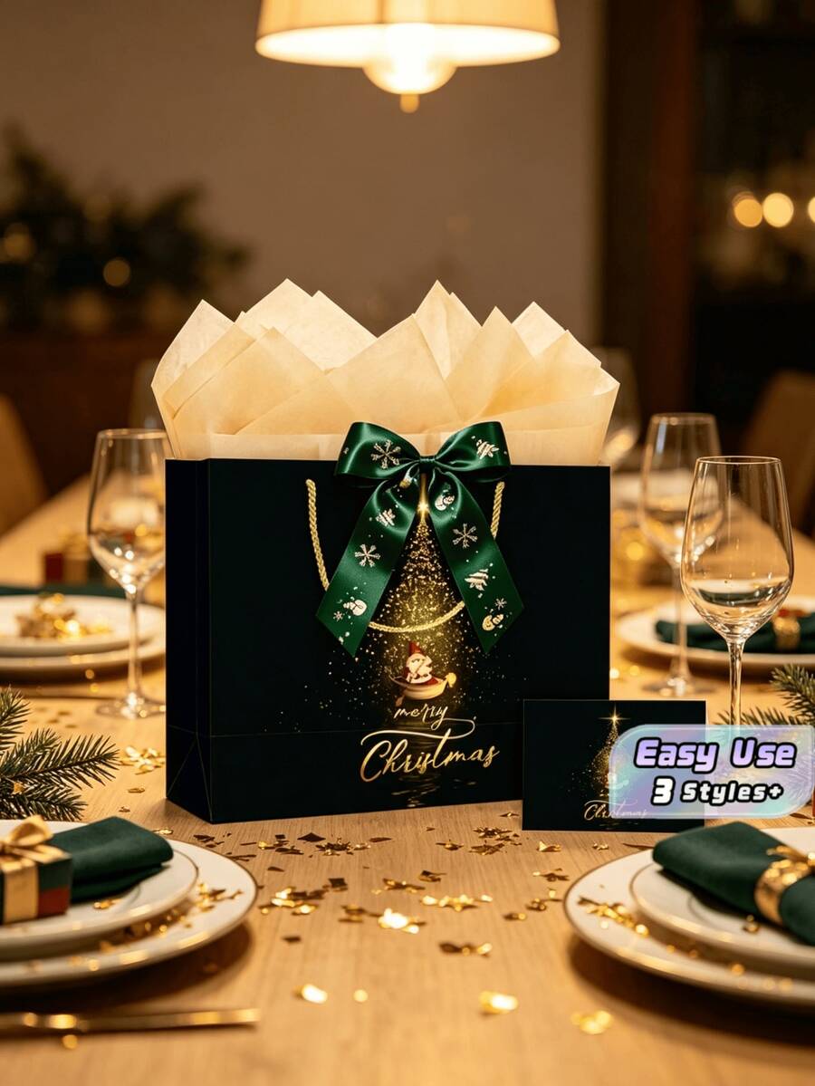 5/10/15入聖誕禮物袋附配套祝福卡,聖誕老人酒紅色禮物手提袋附蝴蝶結緞帶,聖誕節假期禮物包裝袋,適用聖誕禮物、糖果零食包裝 - 多色 - 查看 1
