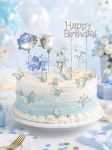 19 Buah Hiasan Kue Kupu-kupu dan Mawar Biru – Dekorasi Bunga Selamat Ulang Tahun, Tusuk Kue Kupu-kupu & Bunga 3D untuk Pesta Anak Perempuan - Beraneka warna - View 7
