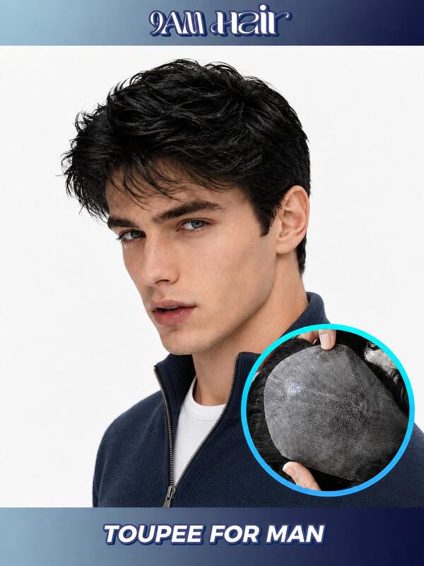 Sistema de cabello PU 5x7 para hombres, peluca de cabello humano hecha a máquina, pieza de cabello corto natural negro S1B de 5.5 pulgadas, base de PU ligera para cabello fino, línea de cabello frontal natural, uso diario cómodo para trabajo, citas, viajes y fiestas