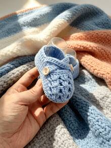SHEIN 1 Pair Of Baby Shoes With Hollowed Out Handmade Yarn Hooks, Learning To Walk Shoes, Newborn Floor Socks, Baptismal Shoes - Baby Blue - View 3