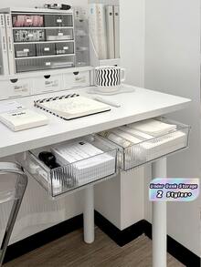 1PC Under Desk Hidden Drawer No Drill Adhesive Transparent Storage Box Pencil Holder For Student Desk Office Supplies Organizer Clutter Free Workspace Easy Install Slide Out Tray For Pens Notes Small Items - White - View 1