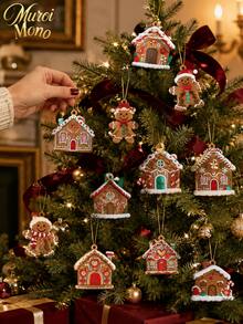 Muroi Mono 6/12pcs Christmas Gingerbread Man & Gingerbread House Tree Ornament, Hanging Pendant Decor, Festive Decoration Accessory & Holiday Gift - multicolor - View 1