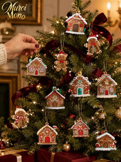 Muroi Mono 6/12 piezas Adorno de árbol de Navidad con hombre de jengibre y casa de jengibre, colgante decorativo, accesorio de decoración festiva y regalo navideño