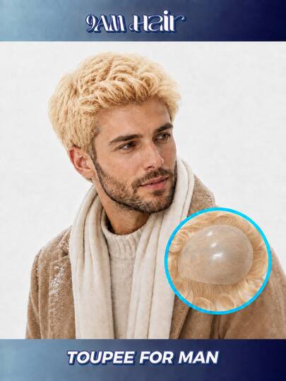 Men's 5x7 PU Skin Hair System, Machine Made S613 Blonde Toupee, 5.5 Inch Short Hairpiece For Thinning Hair, Lightweight PU Base, Natural Front Hairline, Comfortable Daily Wear For Work, Dating, Travel, Parties & Casual Styling