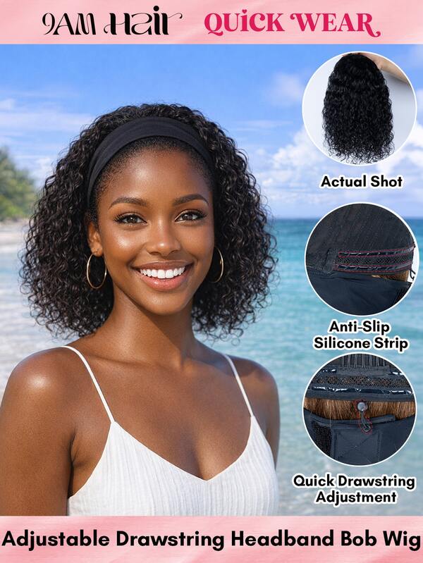 QUICK WEAR Water Wave Headband Bob Wig Human Hair Glueless Install Natural Color 150% Density For Women, Curly Wave None Lace Front Wigs Human Hair For Beginner Friendly 9AM Hair Cosplay Y2K Ss26