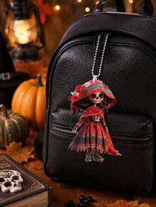 New Halloween Flat Acrylic Hanging Ornament With Lady Skull Design, Car Interior Decor & Backpack Pendant, 3 Styles Shipped Randomly, Holiday Festival Accessory - multicolor - View 2