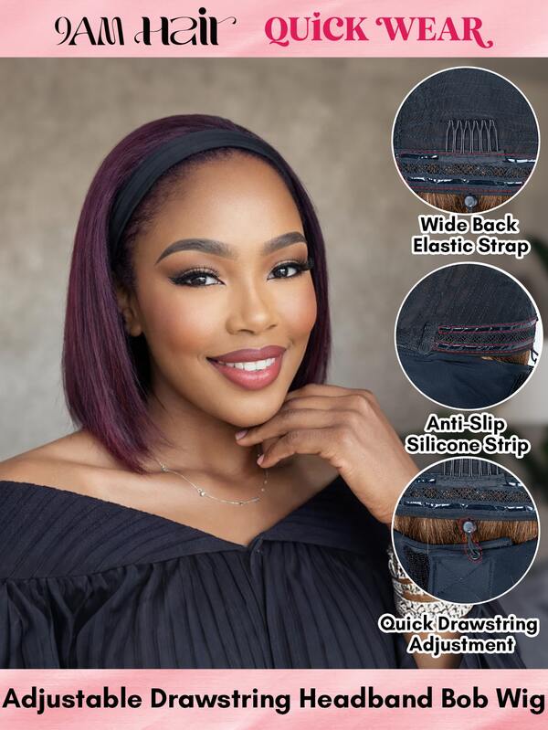 QUICK WEAR Dark Wine Red/Burgundy Headband Bob Wig Human Hair Glueless Install Straight Hair 150% Density For Women None Lace Front Wigs Human Hair Wear & Go For Beginner Friendly 9AM Hair Cosplay Y2K Ss26