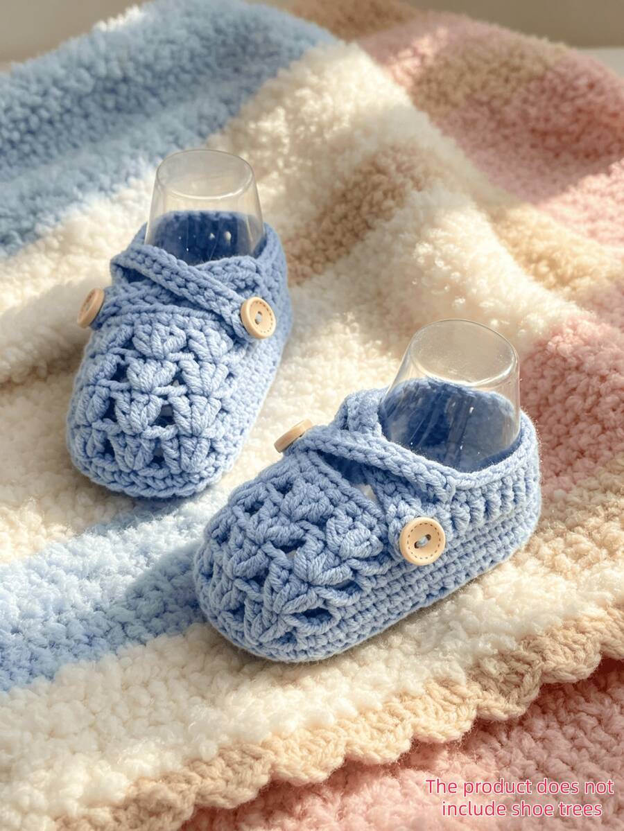 SHEIN 1 Pair Of Baby Shoes With Hollowed Out Handmade Yarn Hooks, Learning To Walk Shoes, Newborn Floor Socks, Baptismal Shoes - Baby Blue - View 1
