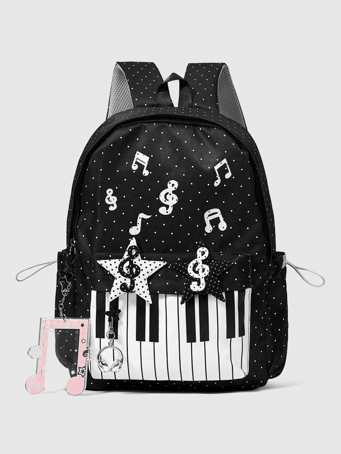 Anime College Style Black And White Notes Piano Keys Printed Backpack Polka Dot Star Card Cover Pendant Large Capacity Backpack, Suitable For School