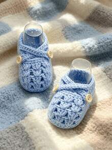 SHEIN 1 Pair Of Baby Shoes With Hollowed Out Handmade Yarn Hooks, Learning To Walk Shoes, Newborn Floor Socks, Baptismal Shoes - Baby Blue - View 4