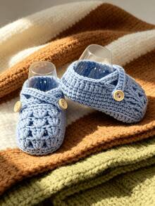 SHEIN 1 Pair Of Baby Shoes With Hollowed Out Handmade Yarn Hooks, Learning To Walk Shoes, Newborn Floor Socks, Baptismal Shoes - Baby Blue - View 5