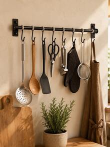Zazumi 1pc Simple Stylish Wall‑Mounted Black Movable Hooks Are Suitable For Kitchen Utensil Storage, Cookware Organizing, And Gadget Hanging. They Come With Mounting Hardware, Making Installation Fast And Convenient For Home Use. - Black - View 9