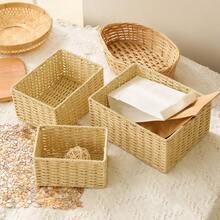 Haus Hana 1Set Boho Rattan Desktop Storage Basket Set Of 3, Handwoven Wabi-Sabi Vanity Organizer, Oriental Zen Style Cotton Rope Basket For Desk, Office, Shelf, Small Items Storage - View 2