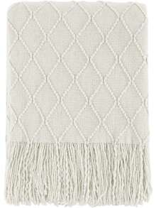 Cirelle Soft Knit Throw Blanket With Fringe, Cream White Textured Geometric Diamond Lattice Pattern Decorative Blanket For Couch, Sofa, Bed, Living Room & Farmhouse Decor - Beige - View 3