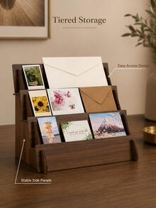 Cirelle 1pc Wood Card Display Stand With Grooves, Tiered Greeting Card Organizer Rack For Retail Store, Desk, Craft Show, Portable Wooden Sticker Holder For Postcards, Jewelry, Small Items - multicolor - View 5