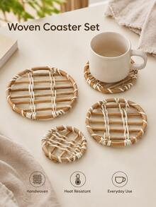 Cirelle Round Woven Rattan Coaster, Handmade Ins Style Heat Resistant Trivet Pad & Drink Mat For Coffee Cups, Tea Mugs, Pots, Pans, Dining Table, Kitchen, Restaurant, Boho Home Decor, Holiday & Housewarming Gift - Multicolor - View 8