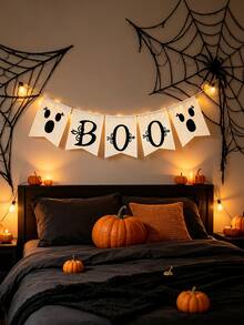 Halloween Linen Hanging Garland Banner With "Boo", Lantern & Pumpkin Prints, Decor For Fireplace Home Party, 1 Pc - View 2