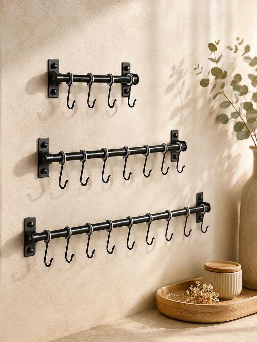 Zazumi 1pc Simple Stylish Wall‑Mounted Black Movable Hooks Are Suitable For Kitchen Utensil Storage, Cookware Organizing, And Gadget Hanging. They Come With Mounting Hardware, Making Installation Fast And Convenient For Home Use. - Black - View 1