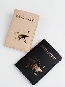 Found Favorite 2 Cute Gold-Plated Style Multi-Layer Passport Clips Two Pieces Set, Suitable For Men And Women, Couples, With Letters + Map Patterns - Black + Khaki - View 1