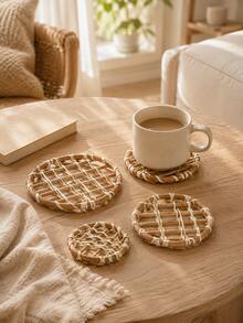 Cirelle Round Woven Rattan Coaster, Handmade Ins Style Heat Resistant Trivet Pad & Drink Mat For Coffee Cups, Tea Mugs, Pots, Pans, Dining Table, Kitchen, Restaurant, Boho Home Decor, Holiday & Housewarming Gift - Multicolor - View 1
