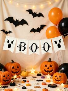 Halloween Linen Hanging Garland Banner With "Boo", Lantern & Pumpkin Prints, Decor For Fireplace Home Party, 1 Pc - View 4